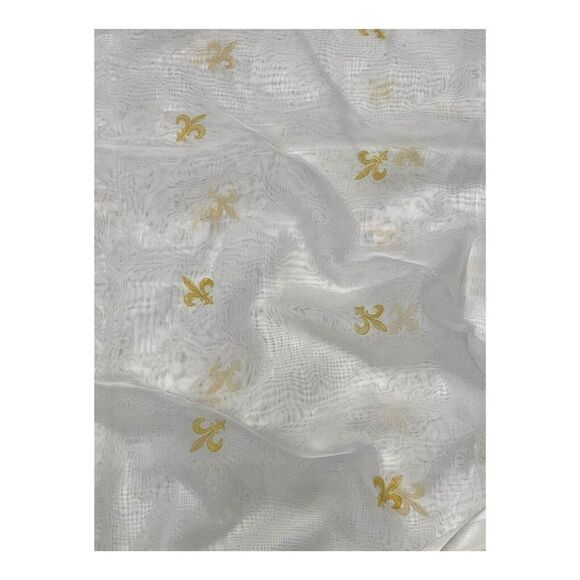 6 Yards Of Sheer White Gold Embroidered Fleur De Lis Fabric Lot 55” For Curtains